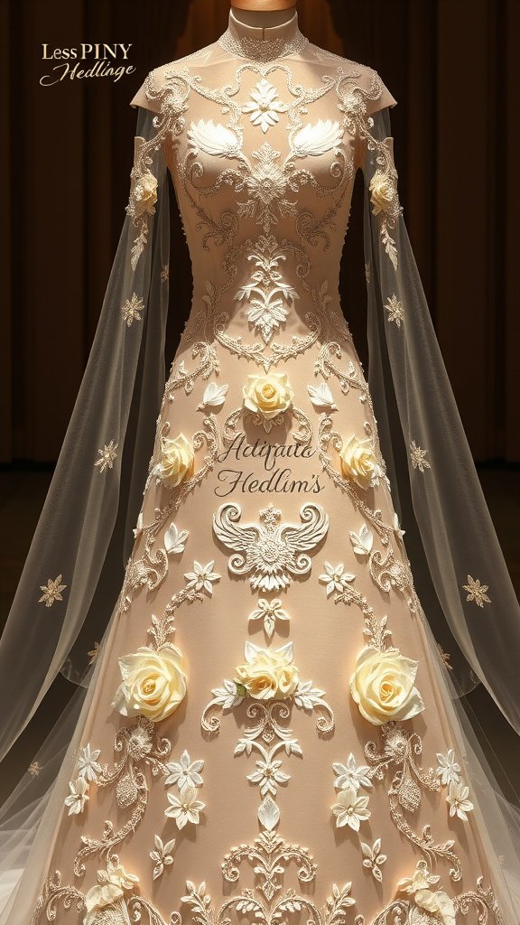 A romantic wedding dress with intricate floral embellishments and sheer sleeves, showcasing a blend of elegance and personalization.