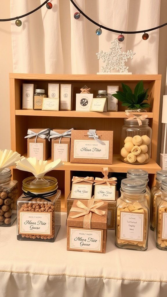 A beautifully organized personalized favors station featuring jars and boxes with labels, decorated with ribbons.
