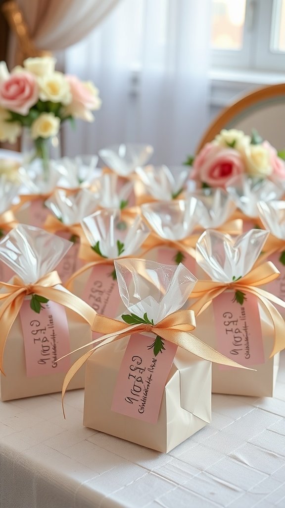 Personalized guest favors elegantly displayed on a table with flowers in the background.