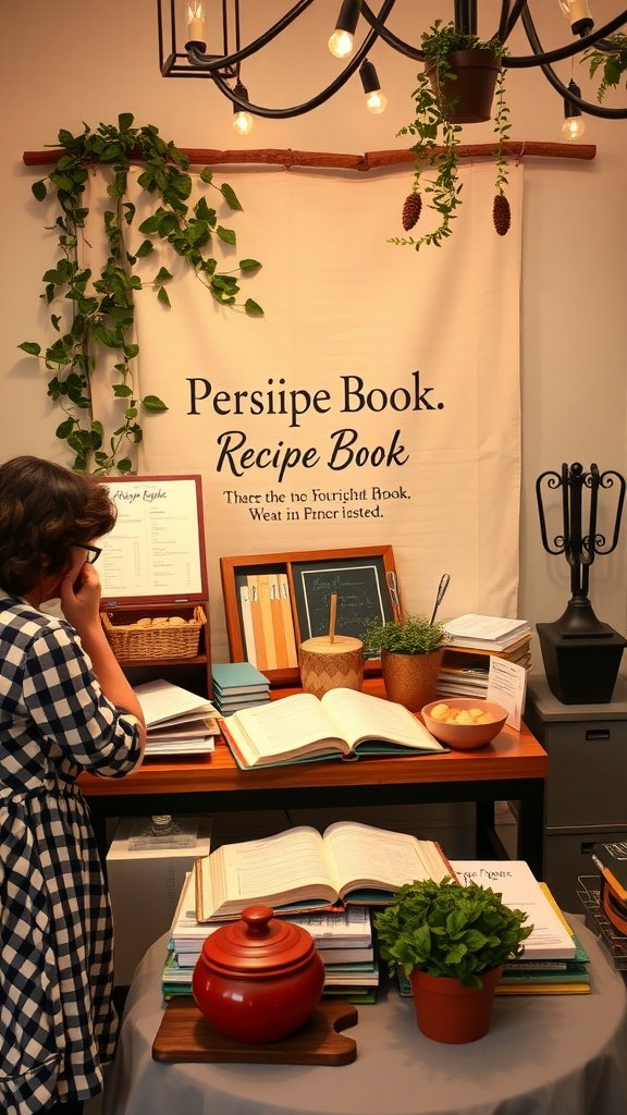 A personalized recipe book setup with a person contemplating, surrounded by fresh herbs and various recipe books on a wooden table.