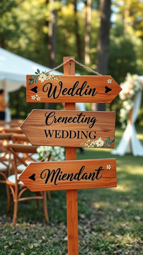 Wooden signpost with three arrows pointing in different directions for a wedding, decorated with flowers