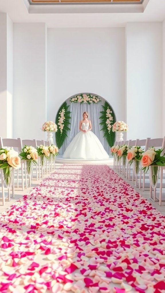 A wedding aisle covered in pink and cream flower petals, leading to a bride in a white gown and surrounded by floral arrangements.