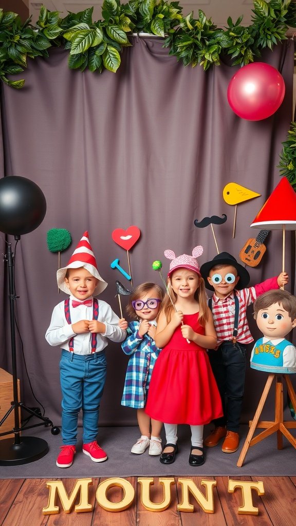 Children having fun at a photo booth with props at a birthday party.