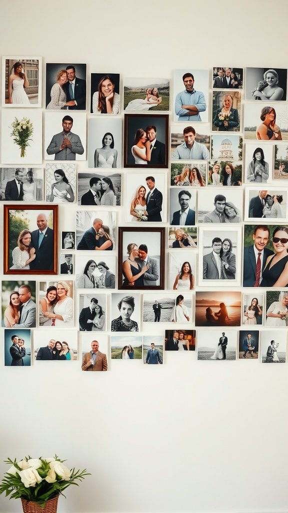 A wall decorated with a collage of various photos, showcasing moments from weddings and gatherings, with a bouquet of flowers in front.