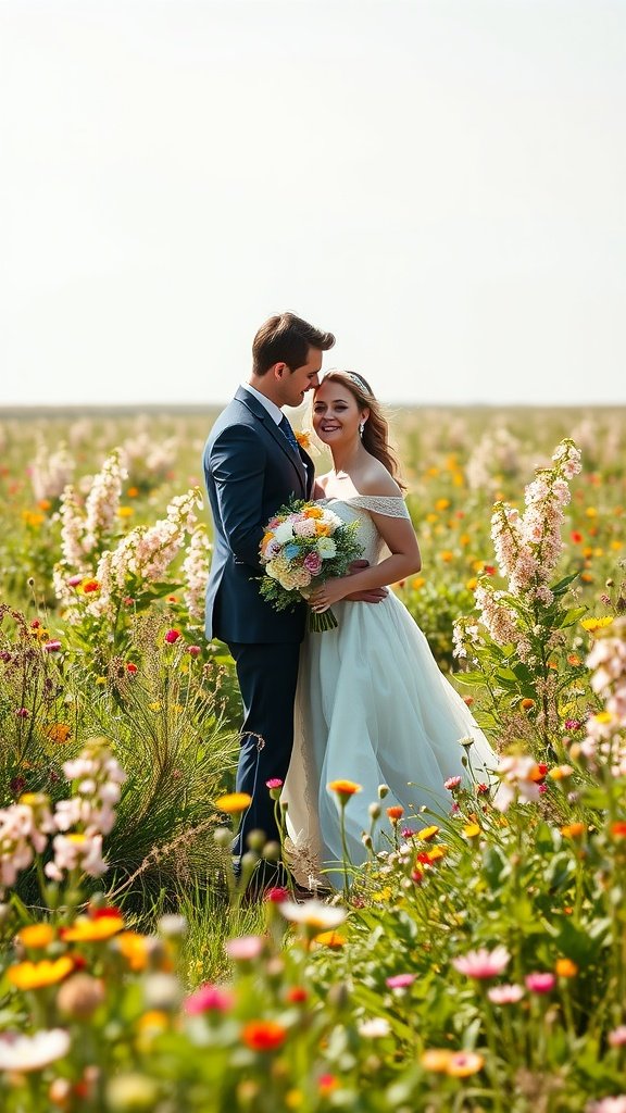 A couple standing in a field of wildflowers, smiling at each other.