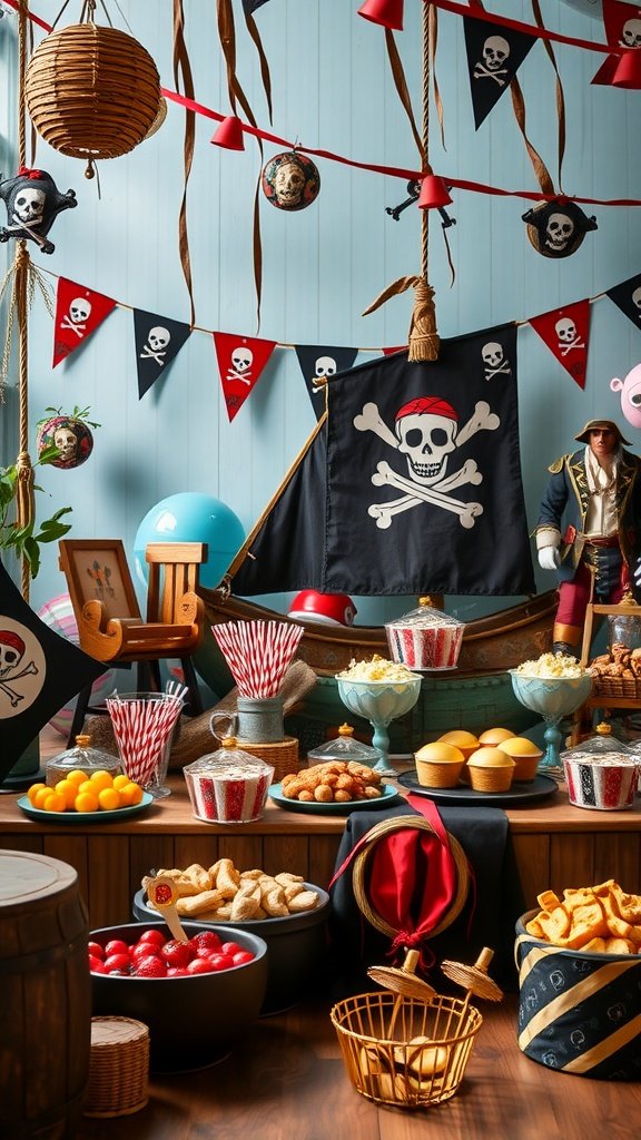 A pirate-themed party setup with decorations, snacks, and a pirate ship backdrop.