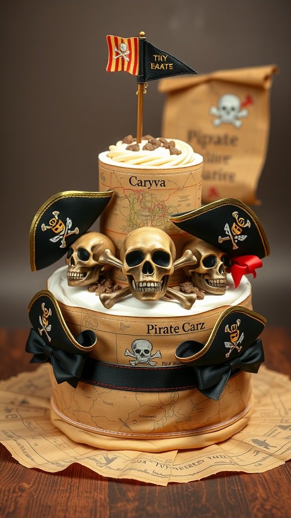 Pirate Adventure Diaper Cake decorated with skulls, pirate flags, and a treasure map design.