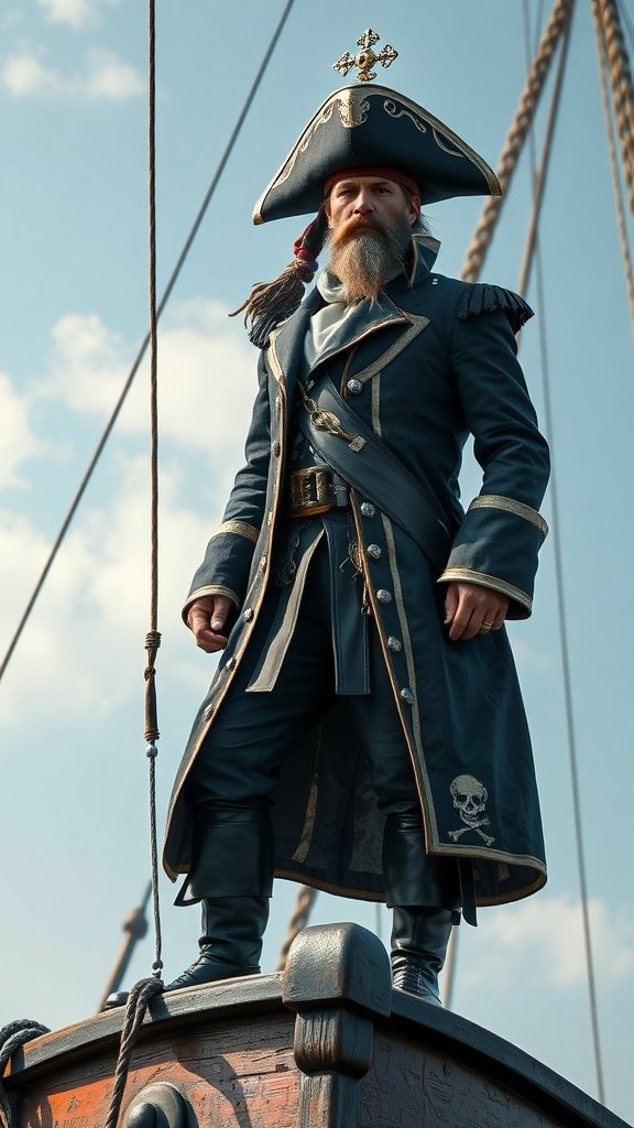 A pirate captain standing proudly on a ship's bow, dressed in a detailed pirate costume.