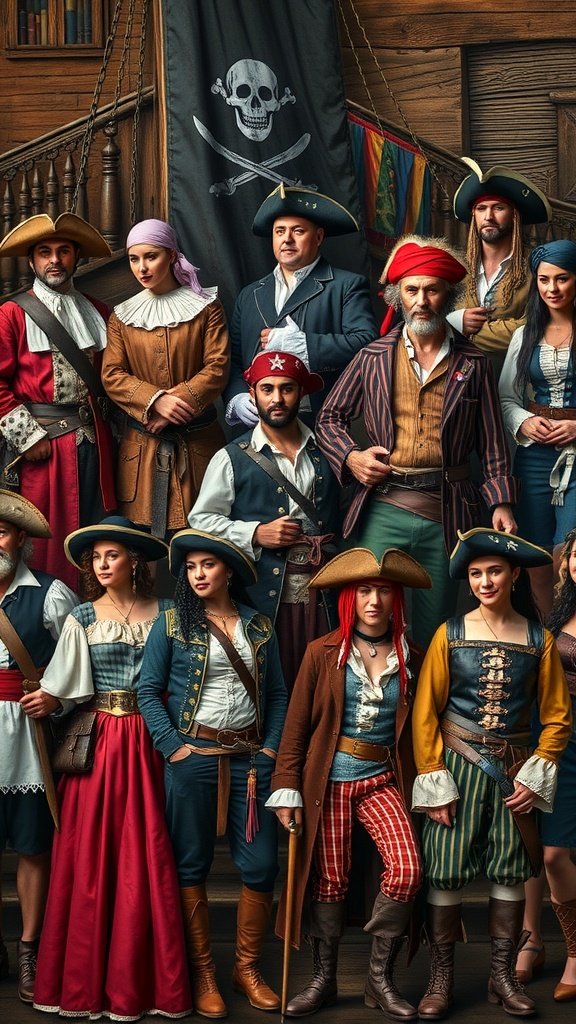 A diverse group of people in pirate costumes, showcasing various styles and colors, with a pirate flag in the background.