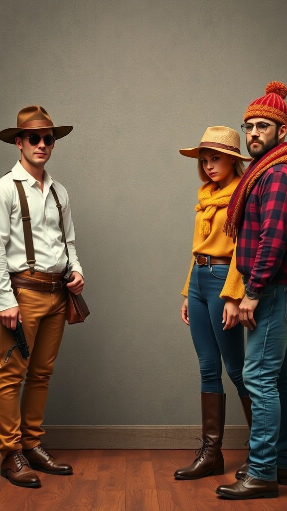 Three people dressed in casual costumes, ready for a themed event.