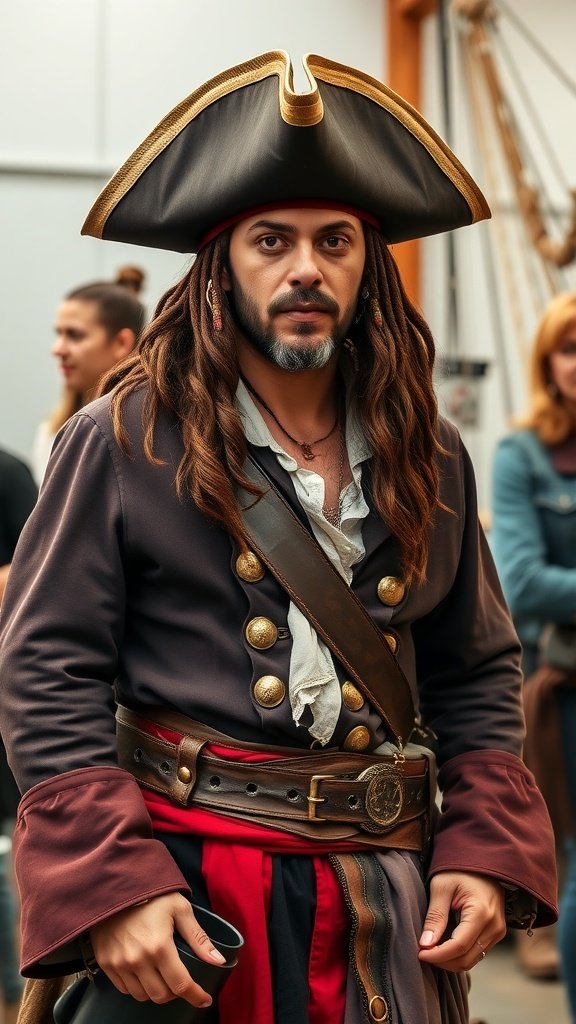 A man dressed in a pirate costume, wearing a large hat and a long coat, ready for an exciting role.