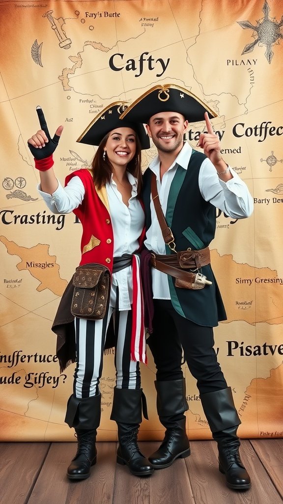 A couple dressed in pirate costumes, showcasing a playful and coordinated look with striped pants, a red jacket, and matching pirate hats.