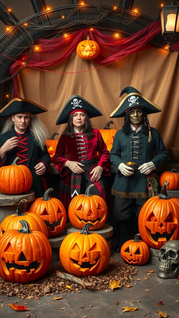 Three people in pirate costumes surrounded by pumpkins for Halloween