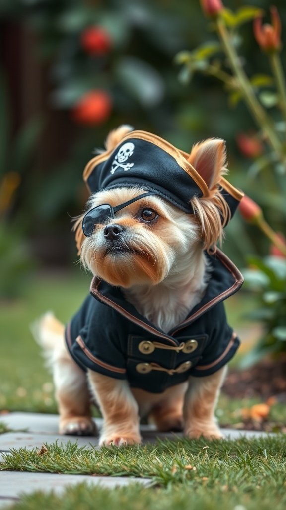 A small dog dressed in a pirate costume with a hat and eye patch, standing on grass.