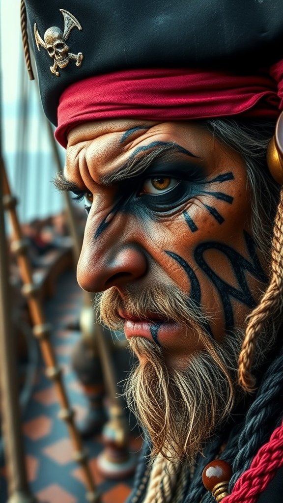 Close-up of a pirate character showcasing bold makeup with intricate designs and a pirate hat.