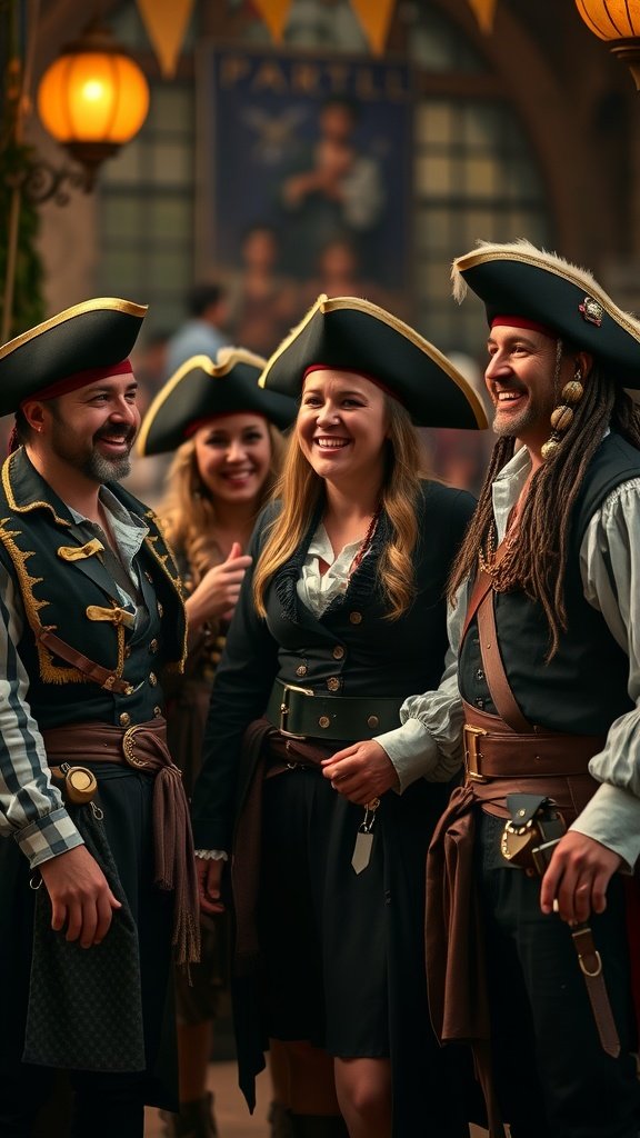 A group of friends dressed in pirate costumes, smiling and enjoying their time.