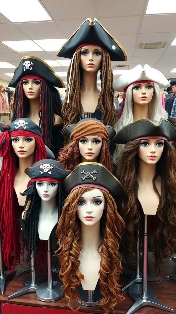 A variety of pirate wigs and hats displayed on mannequins, showcasing different styles and colors.