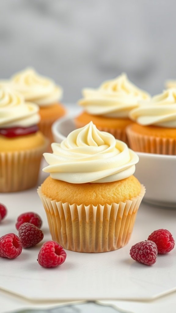 Pistachio cupcakes with raspberry filling and creamy frosting