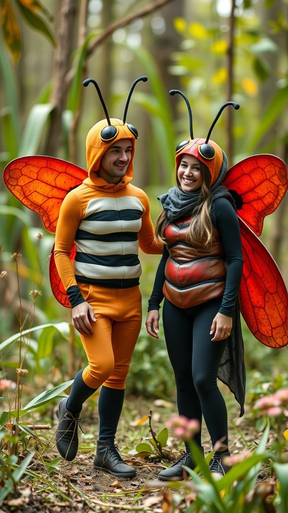 A couple dressed as a bee and a butterfly in a forest setting.