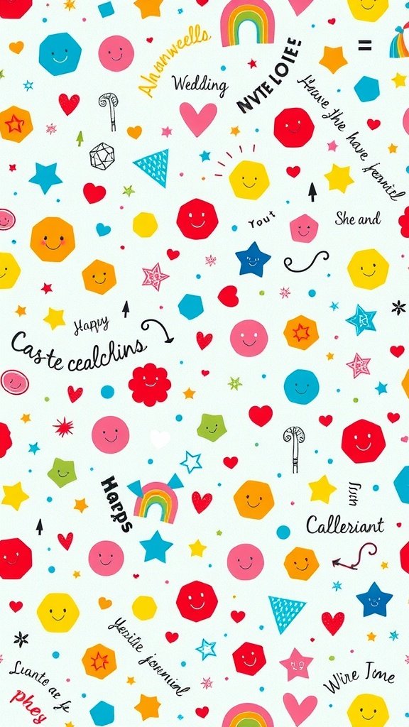 35 Stunning Wedding Wallpaper Ideas to Transform Your Venue A cheerful wedding wallpaper featuring colorful shapes, smiling emojis, and playful phrases.