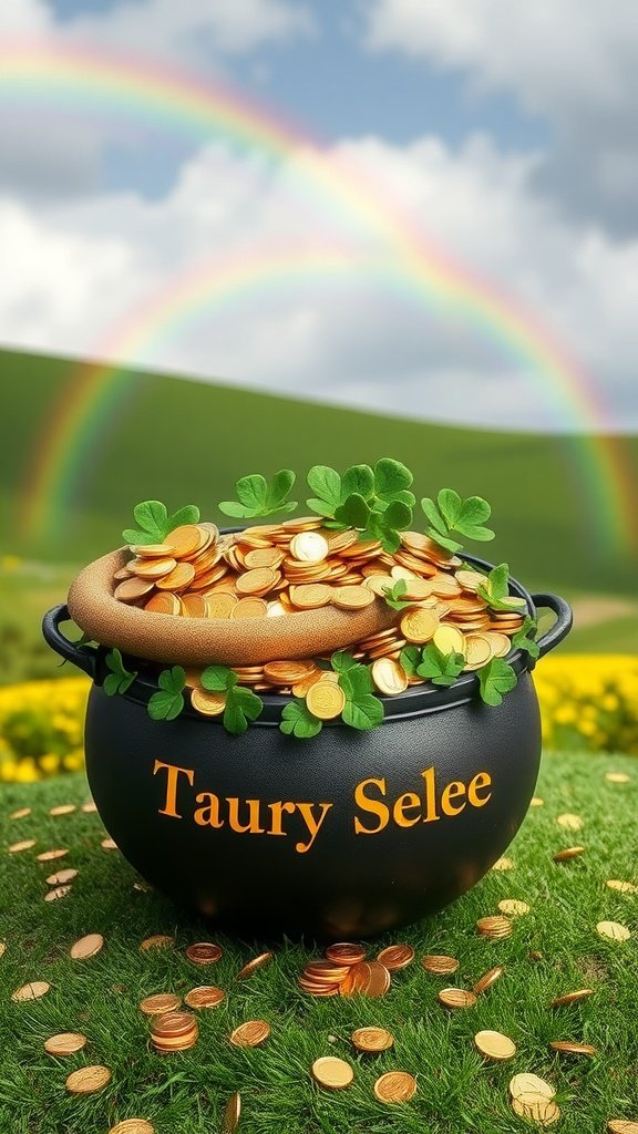 A pot of gold filled with coins and shamrocks, set against a backdrop of a rainbow and green hills.