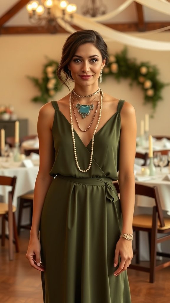 An olive green dress with layered gold jewelry, set in a beautifully decorated wedding venue.