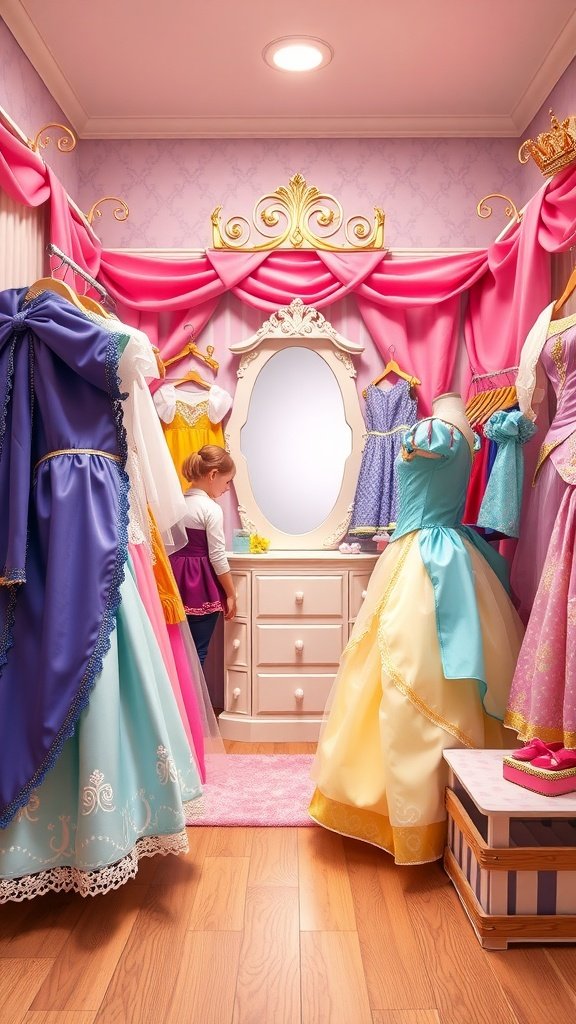A colorful princess dress-up corner filled with dresses and a little girl looking into a mirror.