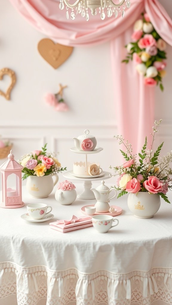 A beautifully set table for a princess tea party, featuring floral arrangements and elegant tea sets.