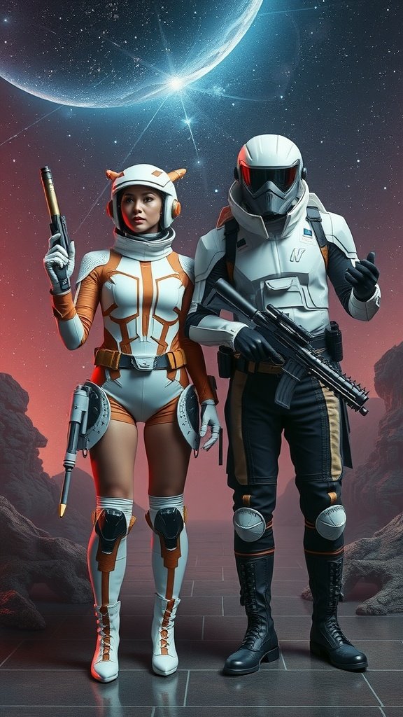 A couple dressed in quirky science fiction costumes, featuring a female character in an orange and white outfit with a helmet holding a futuristic weapon, alongside a male character in a sleek armored suit.