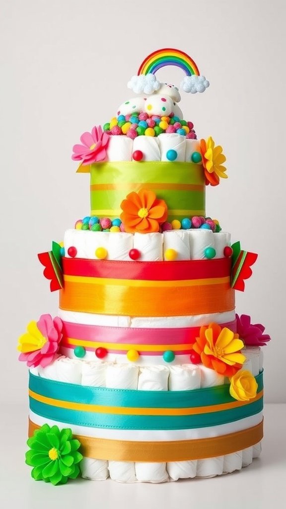 A colorful diaper cake designed for a baby boy featuring bright ribbons, flowers, and a rainbow on top.