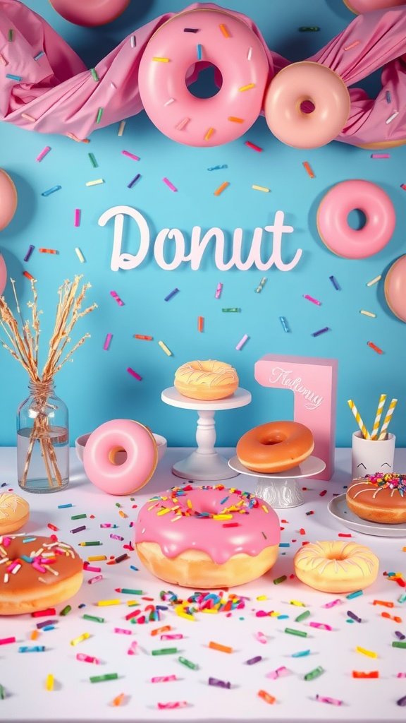 Colorful setup for a donut-themed birthday party with sprinkles and donuts
