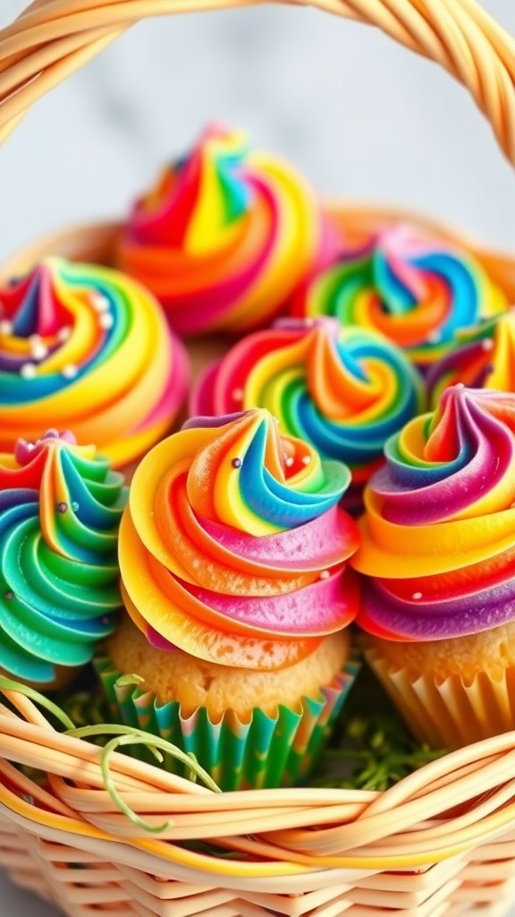 Colorful rainbow swirl cupcakes in a basket, perfect for Easter.