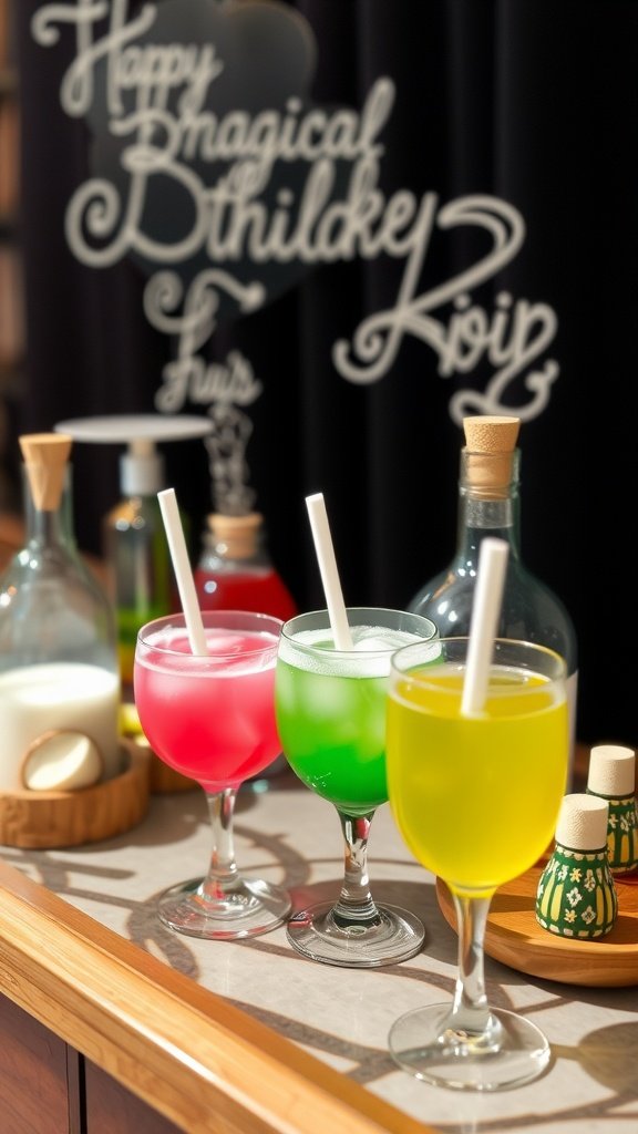 Colorful drinks set up at a potion station for a birthday party.