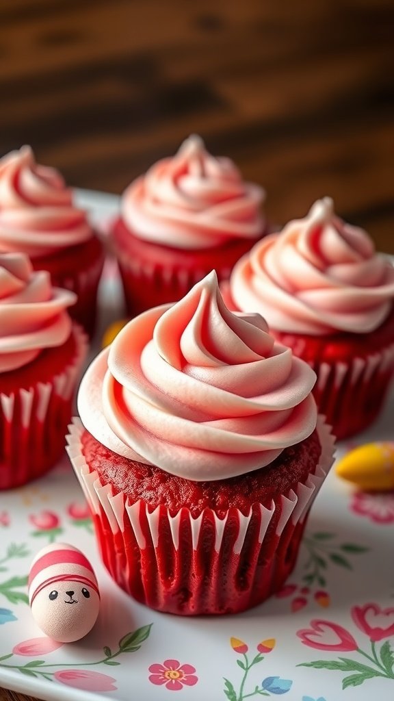 Red velvet cupcakes with cream cheese swirl frosting