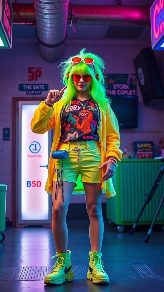 A person dressed in a retro 80s-inspired St. Patrick's Day costume, featuring a green wig, neon colors, and playful accessories.