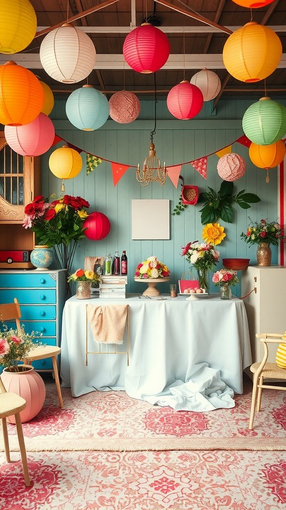 A vibrant retro-themed bridal shower setup with colorful paper lanterns, fresh flowers, and a cheerful atmosphere.