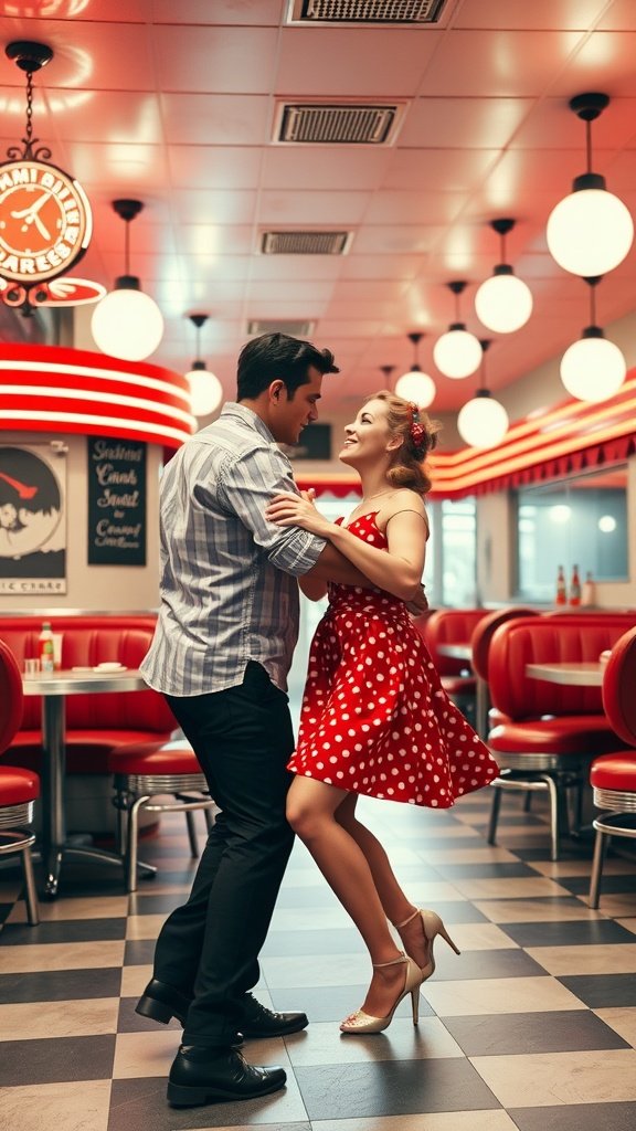 A couple dancing in a retro diner, with the woman in a red polka dot dress and the man in a casual button-up shirt.