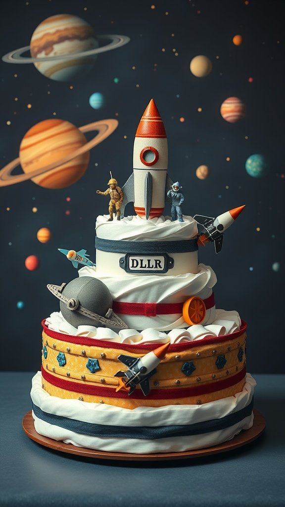 A tiered diaper cake decorated with a retro space theme, featuring a rocket ship, astronaut figures, and planets.