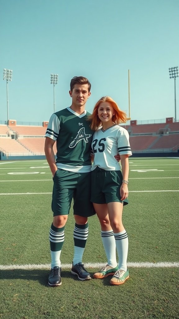 A couple in retro sports attire, standing on a football field, wearing matching jerseys and shorts.