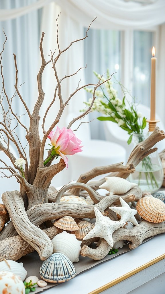 A romantic wedding centerpiece featuring driftwood, seashells, and a pink flower.