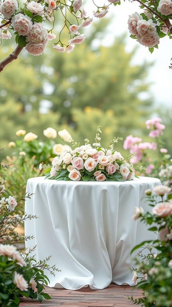 A beautifully arranged wedding table with a white tablecloth and a centerpiece of pink roses, surrounded by a lush garden.