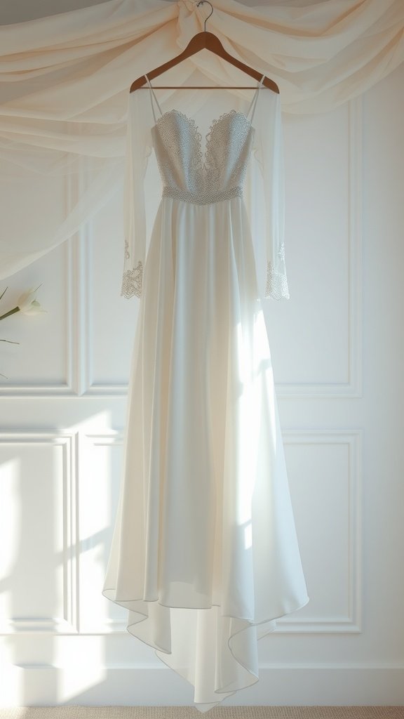 A romantic long sleeve wedding dress with a fitted bodice and flowing skirt, hanging against a softly lit background