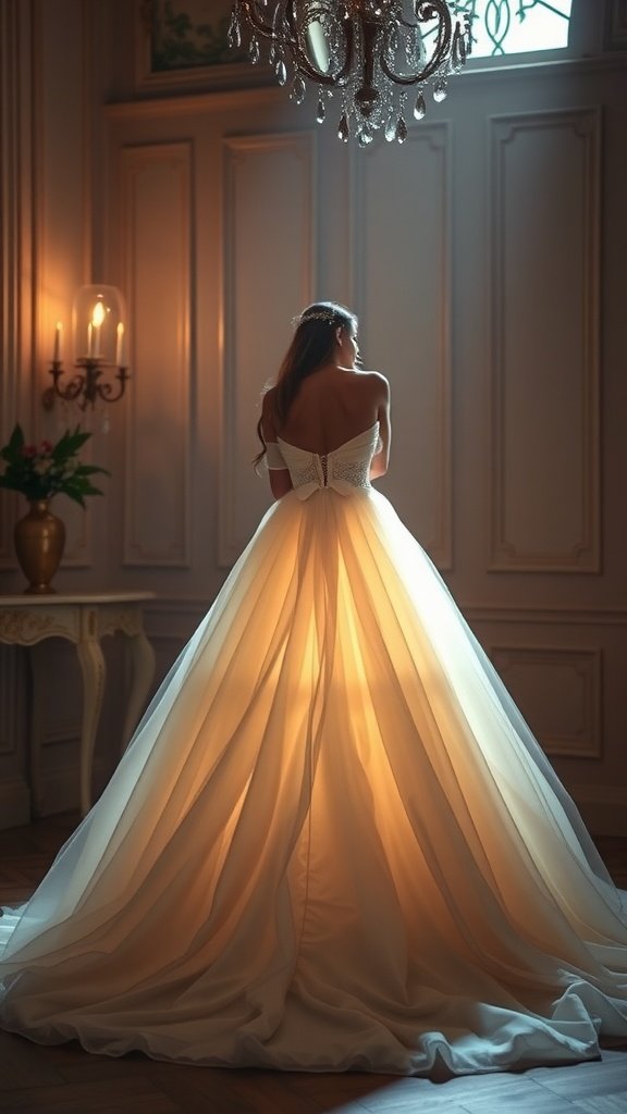 A bride wearing a flowing off-white wedding dress, highlighted by soft lighting from behind.