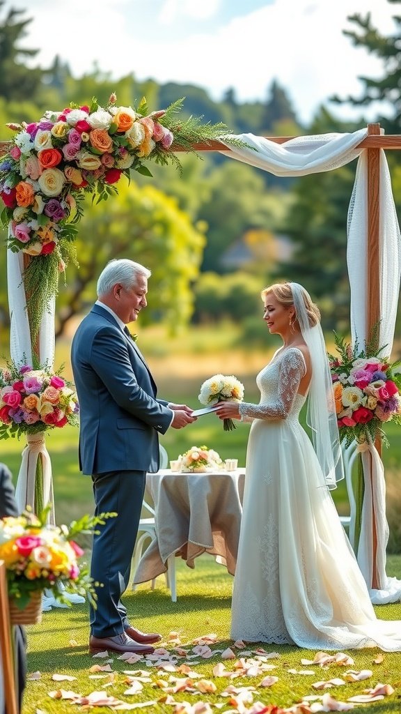 A couple exchanging vows under a floral arch during an outdoor wedding ceremony.
