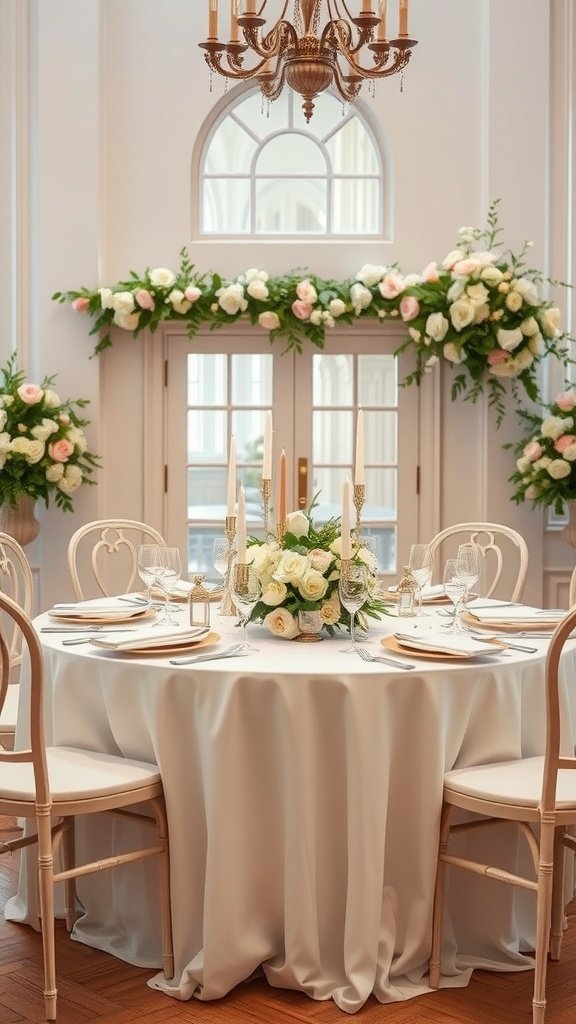 A romantic wedding table setting with white roses, elegant glassware, and a warm candlelight ambiance.