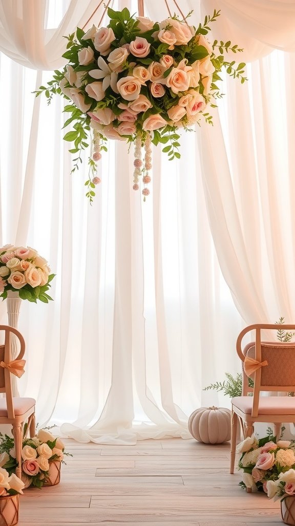 35 Stunning Wedding Wallpaper Ideas to Transform Your Venue A romantic wedding setup featuring pastel flowers, sheer curtains, and elegantly arranged chairs.