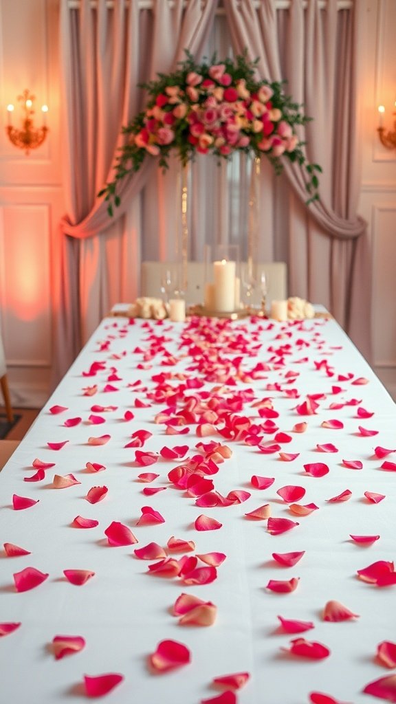 A romantic wedding table setting with rose petals scattered on a white tablecloth, surrounded by candles and a floral centerpiece.