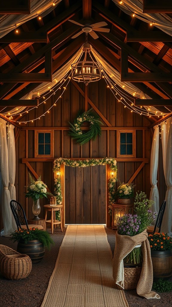 Interior of a rustic barn decorated for a bridal shower with flowers, lights, and a jute runner.