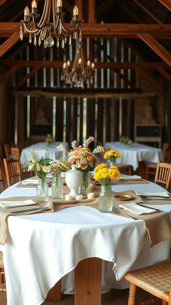 A rustic wedding table setting in a barn with flowers in jars and soft lighting.