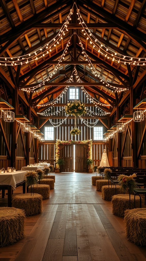 Interior of a rustic barn venue decorated for a wedding with string lights, floral arrangements, and straw poufs